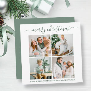 Calligraphy 4 Photo Christmas Sage Green Square Holiday Card