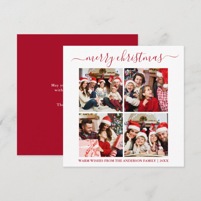 Calligraphy 4 Photo Christmas Square Red Holiday Card (Front/Back)