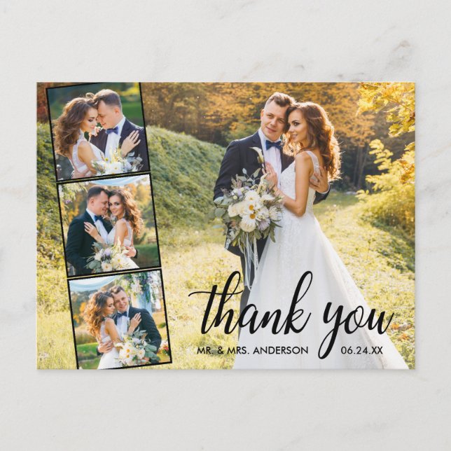 Calligraphy 4 Photo Collage Wedding Thank You Postcard (Front)