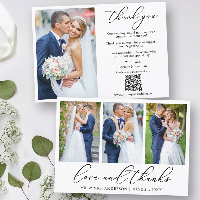 Calligraphy 4 Photo Love Thanks QR Code Wedding Thank You Card (Customize to change your personalized text style, size or color.)