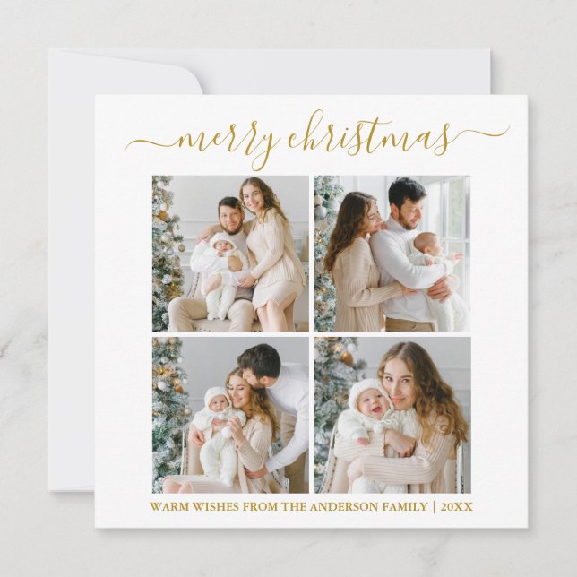 Calligraphy 4 Photo Merry Christmas Gold Square Holiday Card (Front)