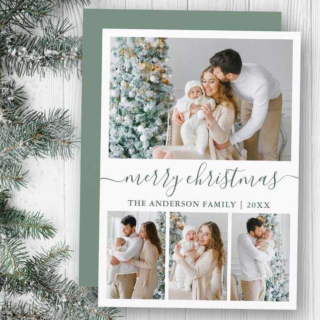 Calligraphy 4 Photo Sage Green Merry Christmas Holiday Card (Customize to add text to back of card.)