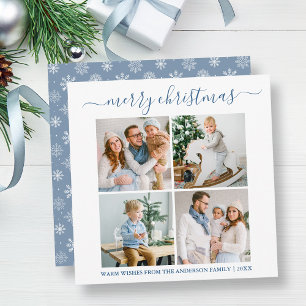 Calligraphy 4 Photo Snowflakes Dusty Blue Square Holiday Card