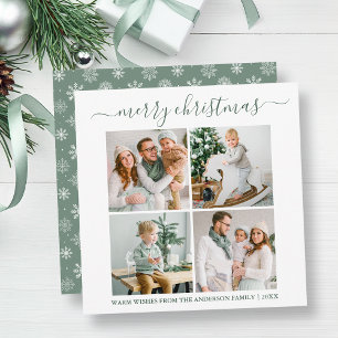 Calligraphy 4 Photo Snowflakes Sage Green Square Holiday Card