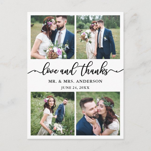 Calligraphy 4 Photo Wedding Photo Thank You Postcard (Front)