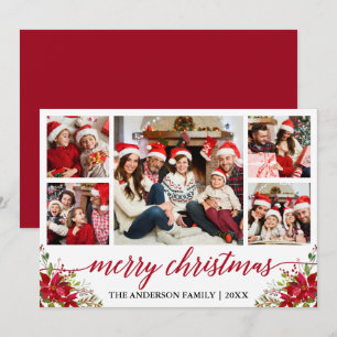 Calligraphy 5 Photo Family Christmas Poinsettia Holiday Card