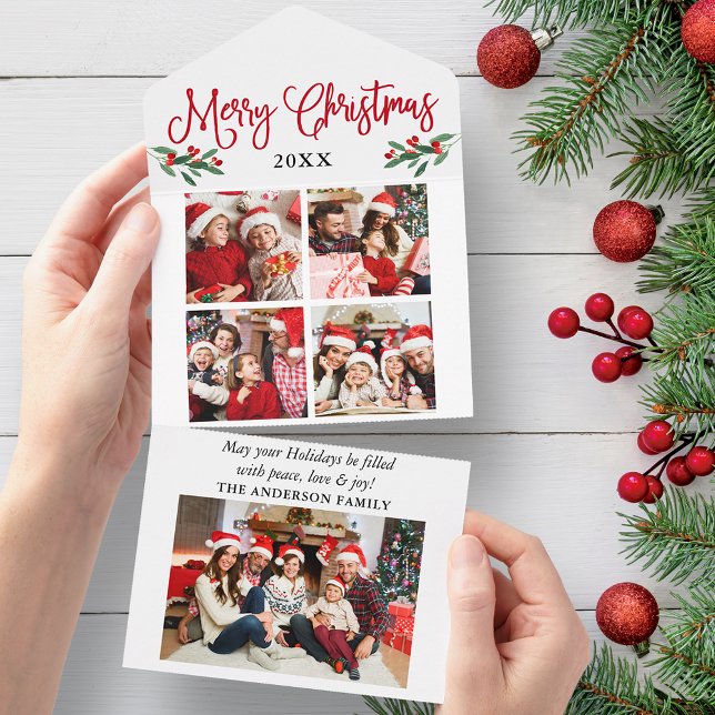 Calligraphy 5 Photo Red All In One Christmas Card (All In One Holiday Card)