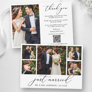 Calligraphy 6 Photo Just Married QR Code Wedding Thank You Card