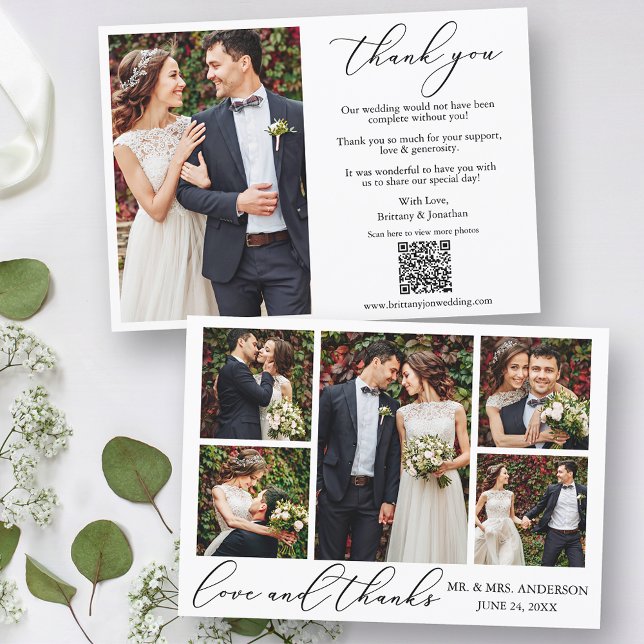 Calligraphy 6 Photos QR Code Love Thanks Wedding Thank You Card (Customize to change your personalized text style, size or color.)