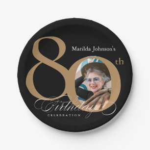 Calligraphy 80th Birthday Elegant Gold Black Photo Paper Plate