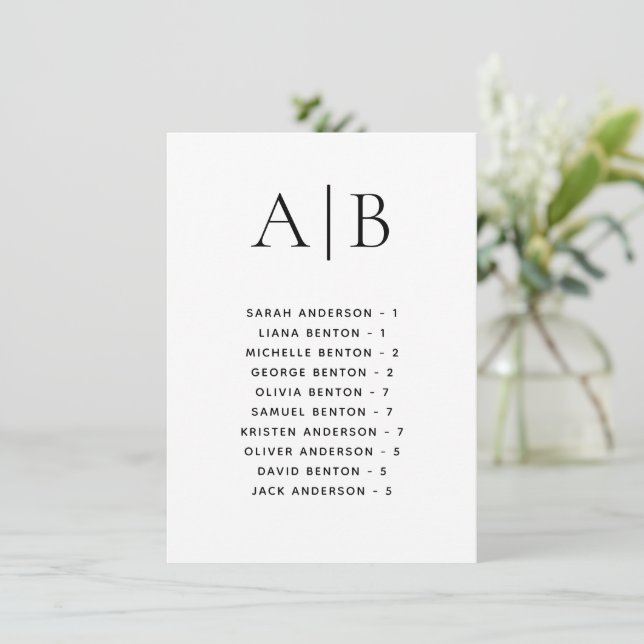 Calligraphy Alphabetical Wedding Seating Card (Standing Front)