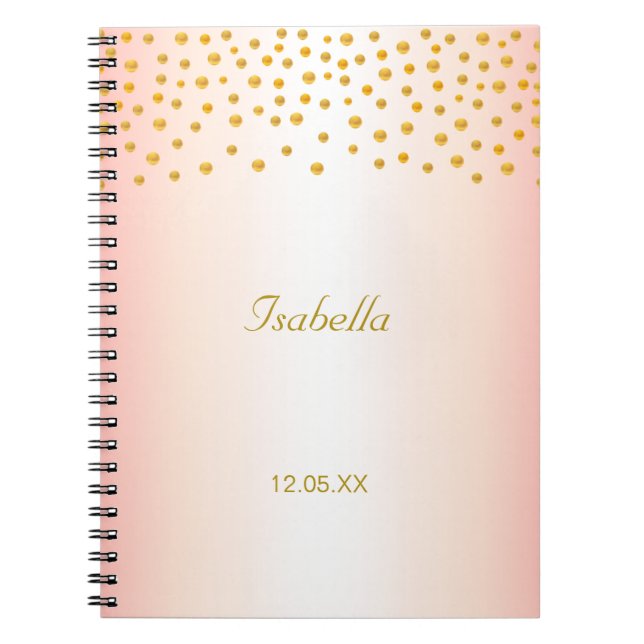 Calligraphy and Gold Confetti on Rose Gold Notebook (Front)