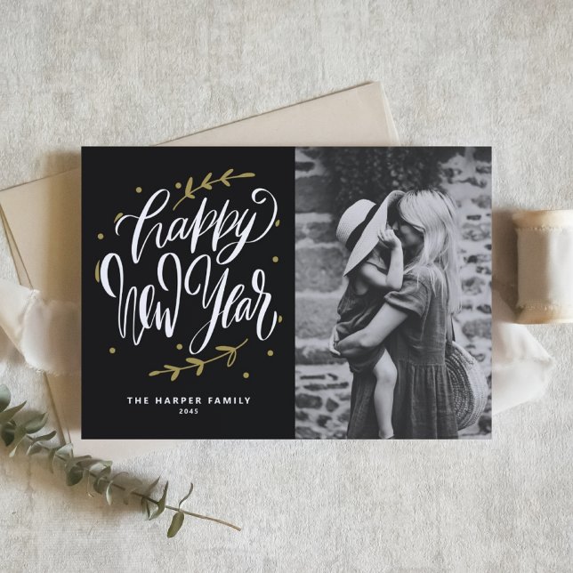 Calligraphy and Wreath New Year Photo Black Holiday Card (Customizable photo Happy New Year card featuring modern calligraphy and wreath.)