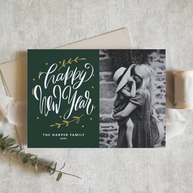 Calligraphy and Wreath New Year Photo Green Holiday Card (Customizable green photo Happy New Year card featuring modern calligraphy and wreath.)