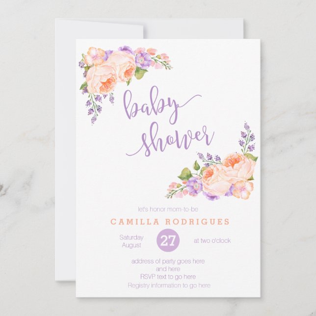 Calligraphy baby shower, lilac peach baby shower invitation (Front)