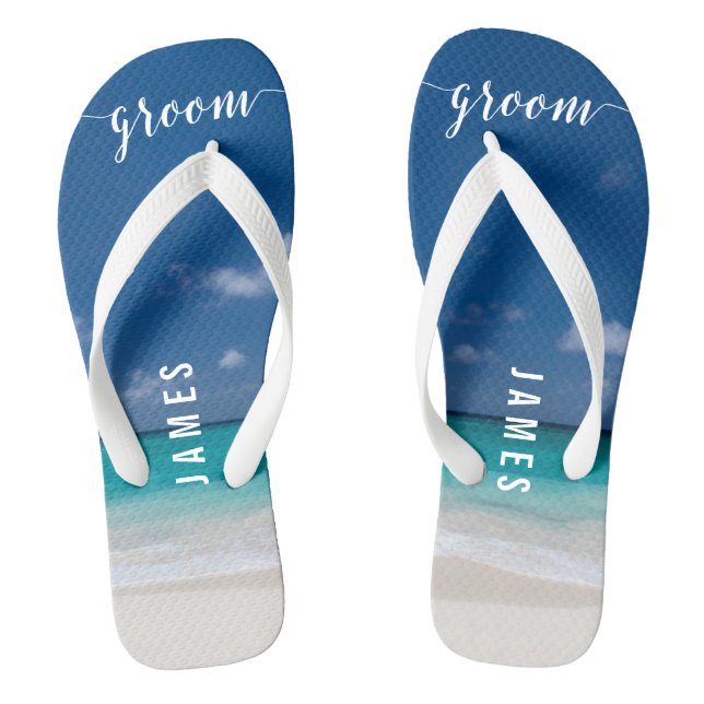 Calligraphy Beach Groom Wedding Party Flip Flops (Footbed)