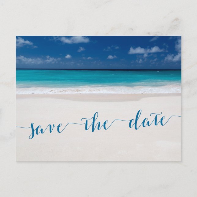 Calligraphy Beach Theme Save The Dates Postcards (Front)