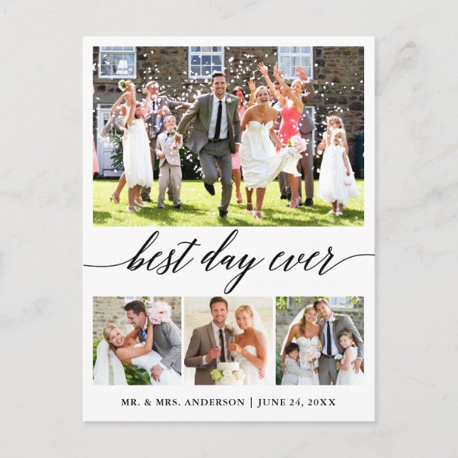 Calligraphy Best Day Ever 4 Photo Thank You Postcard (Front)