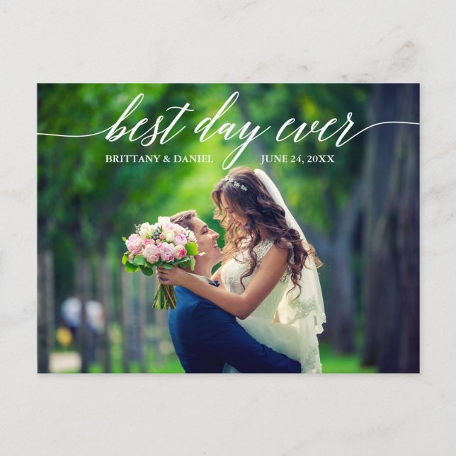 Calligraphy Best Day Ever Wedding Photo Thank You Postcard (Front)
