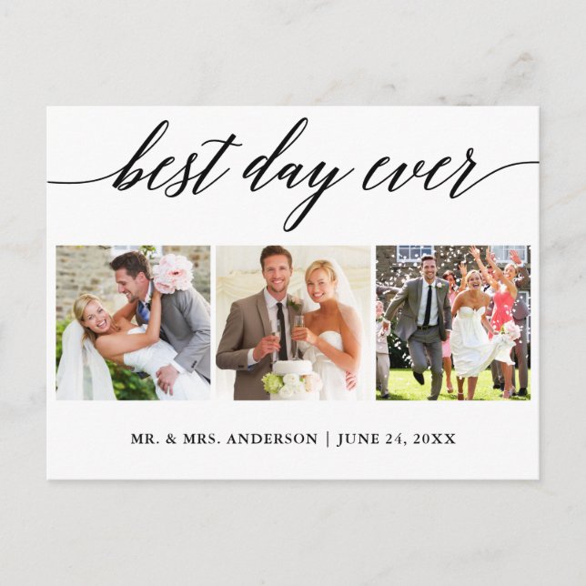 Calligraphy Best Day Ever Wedding Photo Thank You Postcard (Front)
