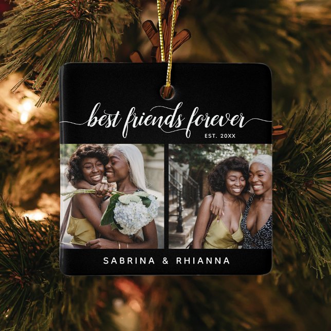 Calligraphy Best Friends Forever 4 Photo Collage Ceramic Ornament (Creator Uploaded)