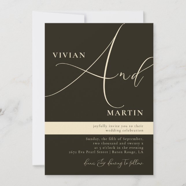 Calligraphy Big Bold "And" Dark Green Wedding Invitation (Front)