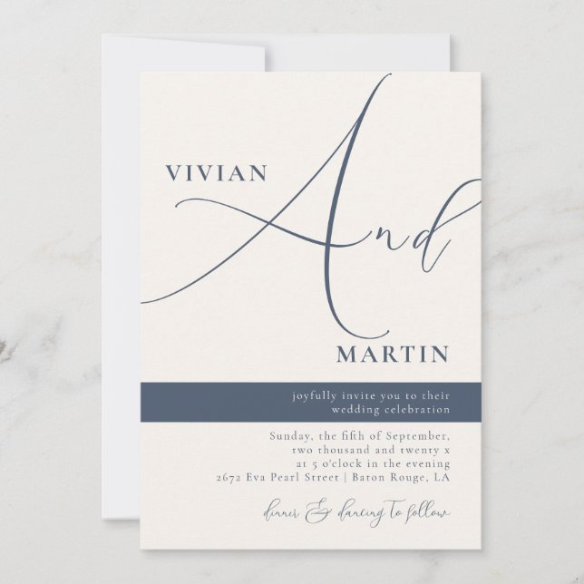 Calligraphy Big Bold "And" Navy Wedding Invitation (Front)