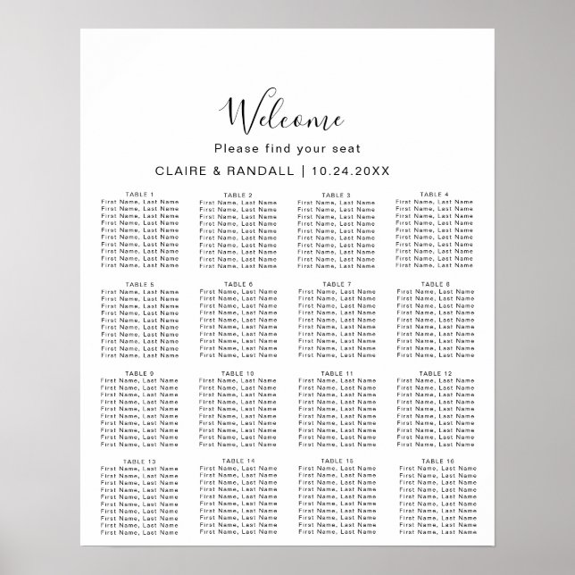 Calligraphy Black and Grey Wedding Seating Chart (Front)