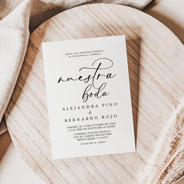 Calligraphy Black and White Nuestra Boda Wedding Invitation (Creator Uploaded)