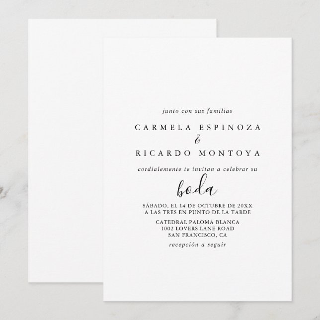 Calligraphy Black and White Spanish Wedding Invitation (Front/Back)