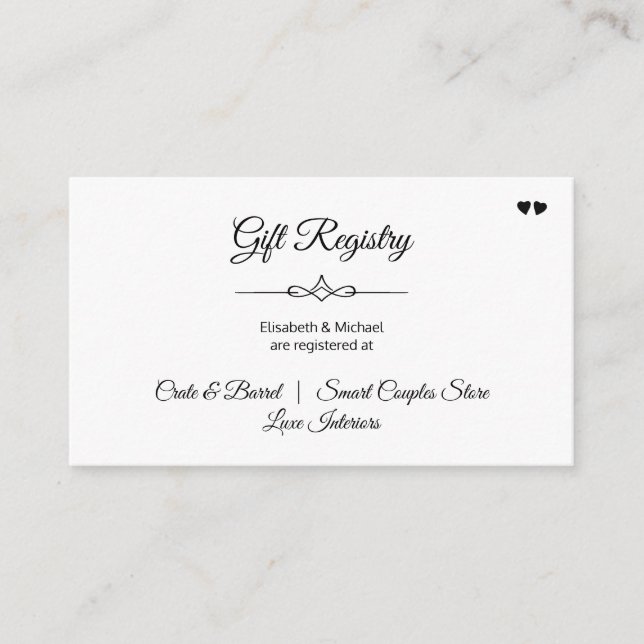 Calligraphy black and white wedding gift registry enclosure card (Front)