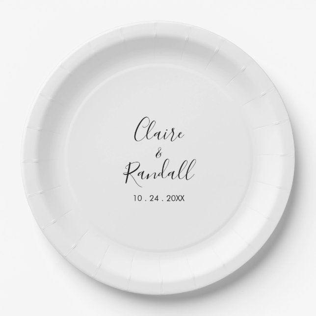 Calligraphy Black and White Wedding  Paper Plate (Front)