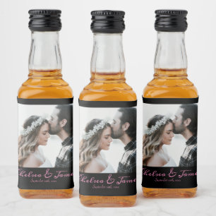 Calligraphy Black & Pink Wedding Photo Liquor Bottle Label