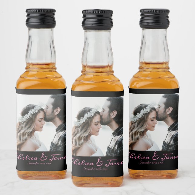 Calligraphy Black & Pink Wedding Photo Liquor Bottle Label (Bottles)