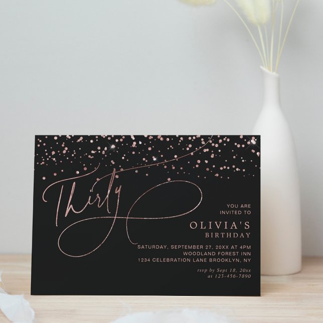 Calligraphy Black Rose Gold Confetti 30th Birthday Invitation (Creator Uploaded)