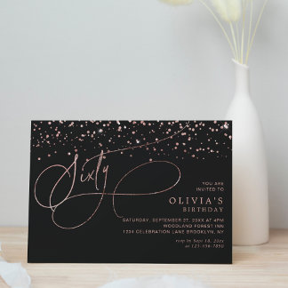 Calligraphy Black Rose Gold Confetti 60th Birthday Invitation