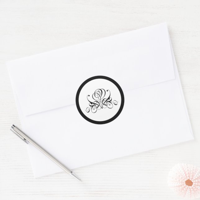 Calligraphy Black Rose Wedding Classic Round Sticker (Envelope)