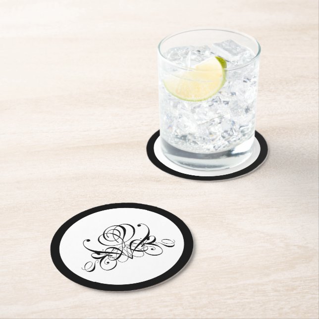 Calligraphy Black Rose Wedding Round Paper Coaster (Insitu)