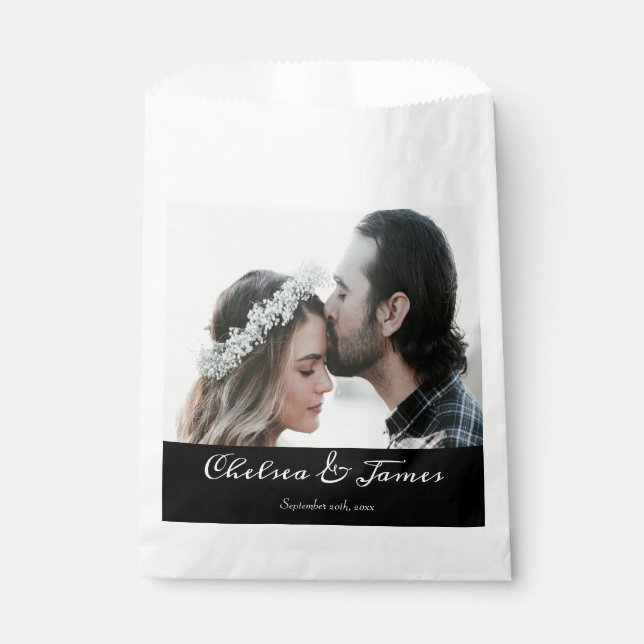 Calligraphy Black White Elegant Photo Wedding Favour Bags (Front)