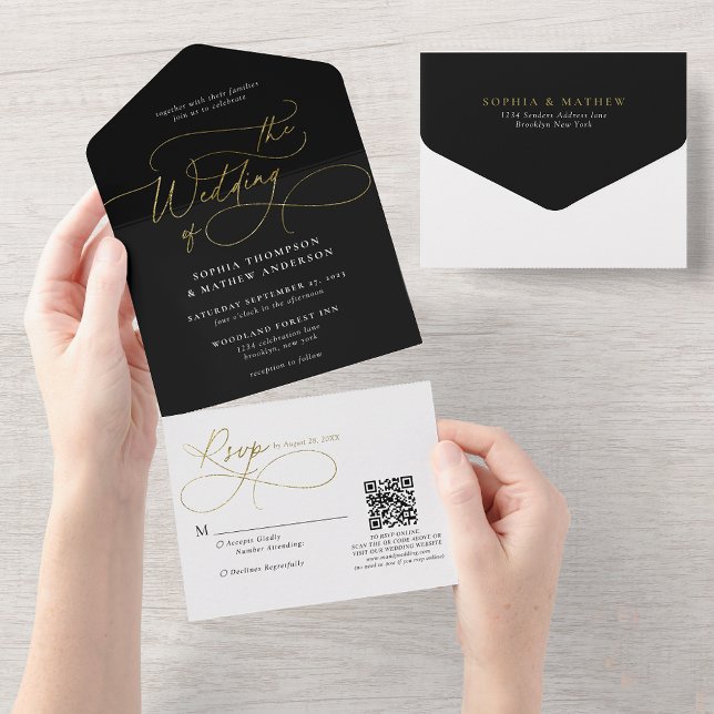 Calligraphy Black White Gold QR Code Wedding All In One Invitation (Creator Uploaded)