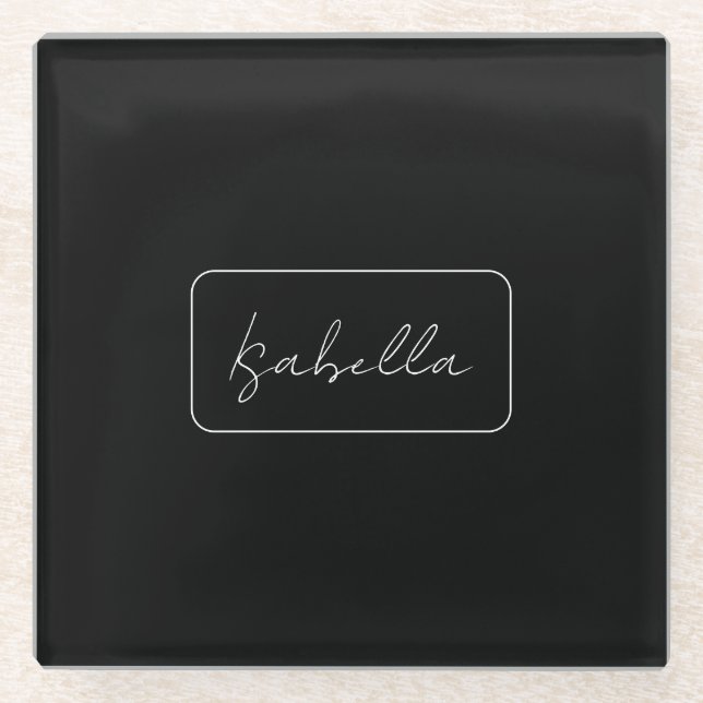 Calligraphy Black White Plain Creative Modern Name Glass Coaster (Front)