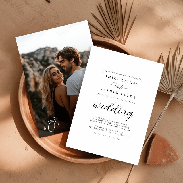 Calligraphy Black White Rustic Boho Photo Wedding  Invitation (Creator Uploaded)