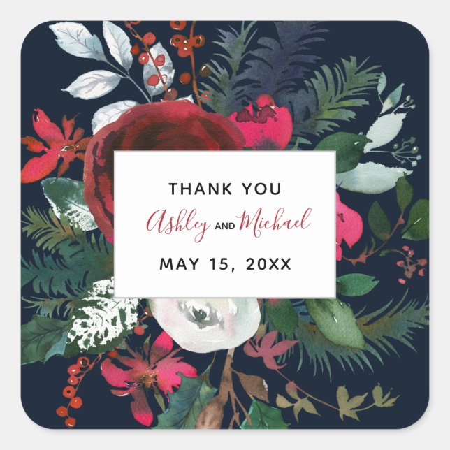 CALLIGRAPHY + BLOOM | Burgundy & Navy Wedding Date Square Sticker (Front)