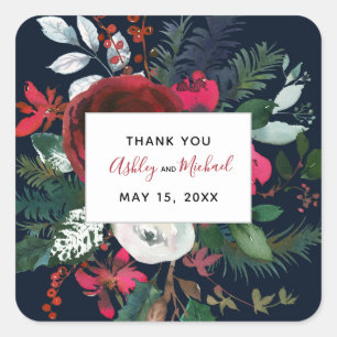 CALLIGRAPHY + BLOOM   Burgundy & Navy Wedding Date Square Sticker