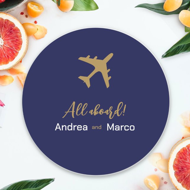 Calligraphy Blue And Gold Boarding Pass Wedding Classic Round Sticker (Calligraphy Blue And Gold Boarding Pass Wedding Classic Round Sticker)