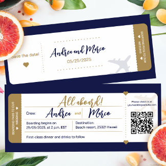 Calligraphy Blue And Gold Boarding Pass Wedding Invitation