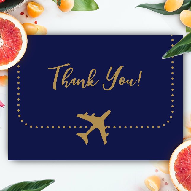 Calligraphy Blue and Gold Boarding Pass Wedding Thank You Card (Boarding Pass Wedding Thank You Card)
