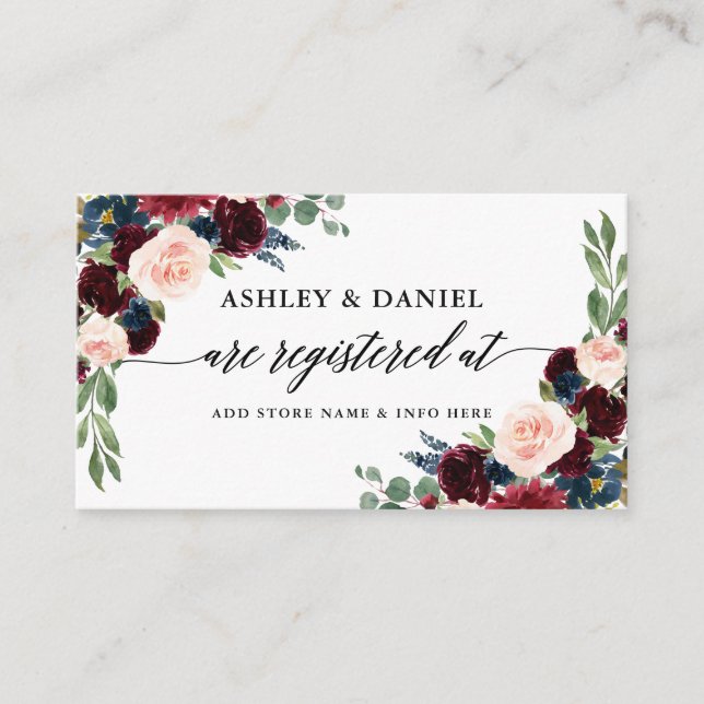 Calligraphy Blue Burgundy Floral Wedding Registry Enclosure Card (Front)