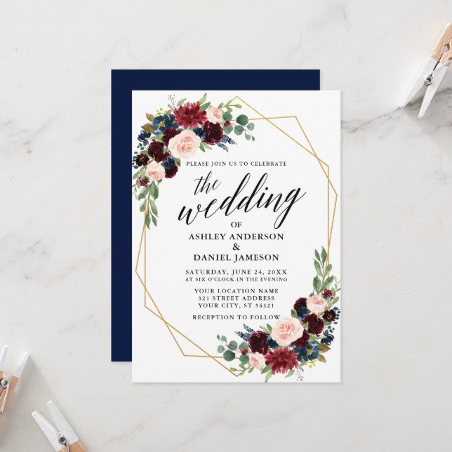 Calligraphy Blue Burgundy Geometric Gold Wedding Invitation (Front/Back In Situ)