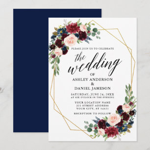 Calligraphy Blue Burgundy Geometric Gold Wedding Invitation